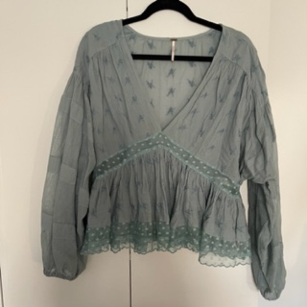 Free People" Nostalgic Feels" green embroidered cotton top blouse large